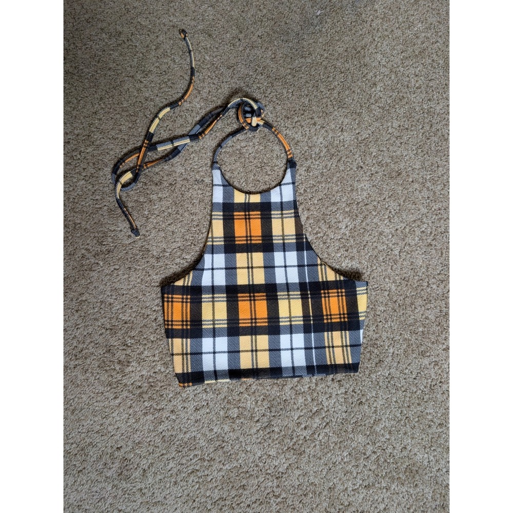 PrettyLittleThing Plaid Halter Crop Top US 2 Y2K Clueless Preppy